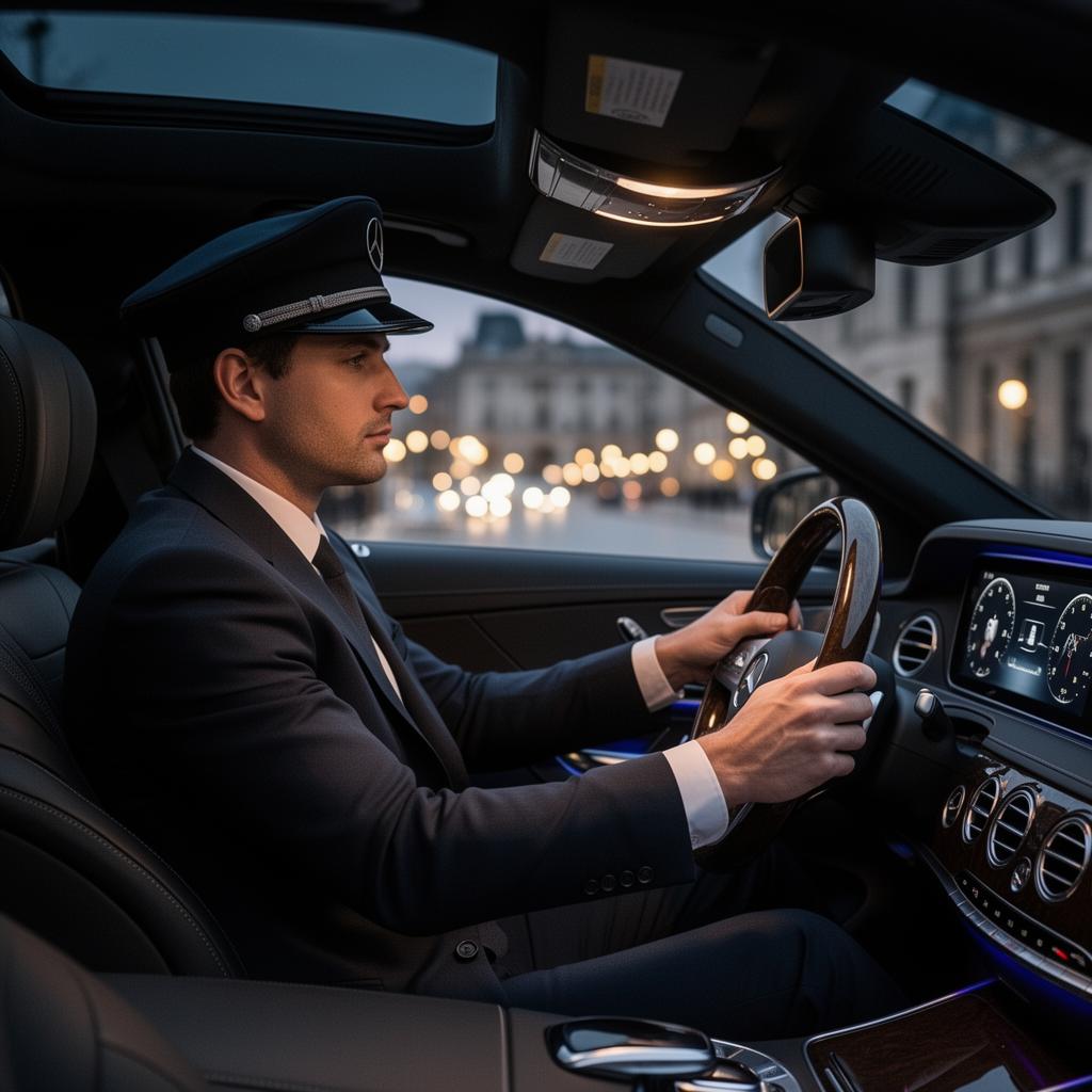 Professionell chaufför med chaufförsmössa bakom ratten i en Mercedes S-Class i skymning