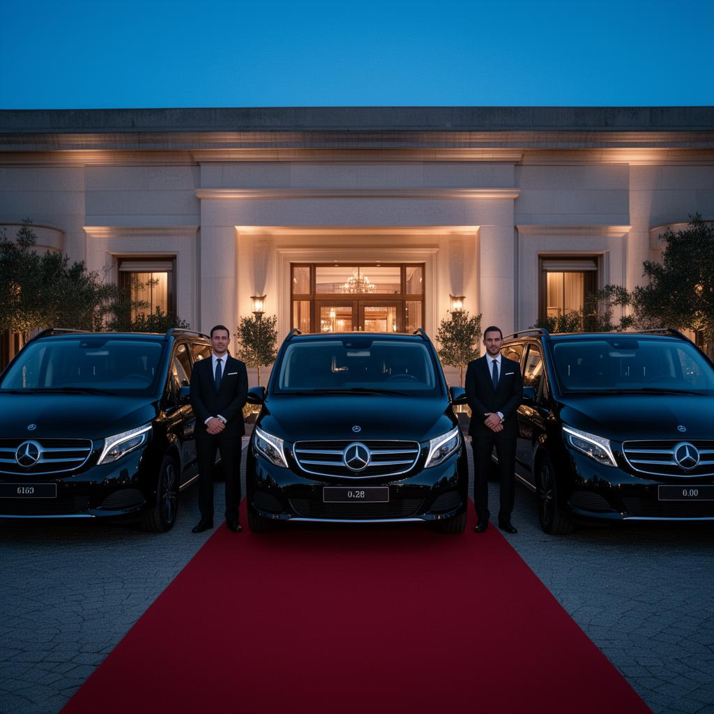 Tre svarta Mercedes V-Class med chaufförer uppställda framför eventlokal med röd matta i blå timme