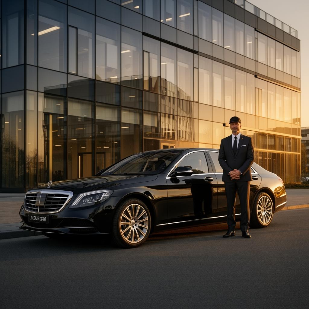 Svart Mercedes S-Class med chaufför framför modern skandinavisk kontorsfasad i gyllene timme