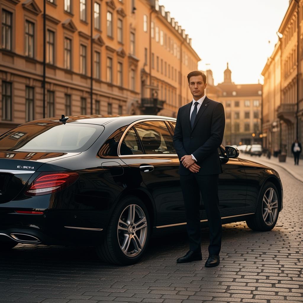 Chaufför i mörk kostym vid svart Mercedes E-Class på lugn Stockholmsgata i gyllene timme