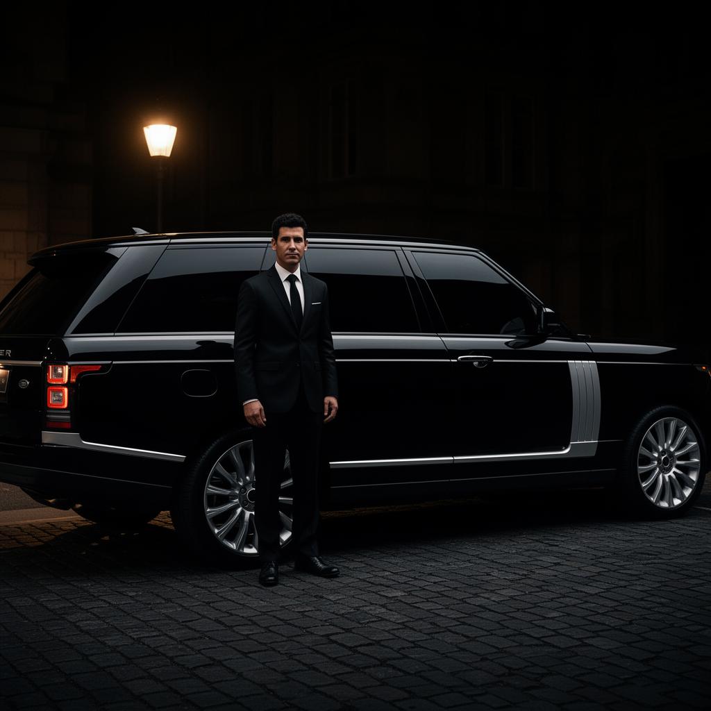 Diskret svart Range Rover Autobiography med tonade rutor och chaufför på mörk kullerstensgata nattetid